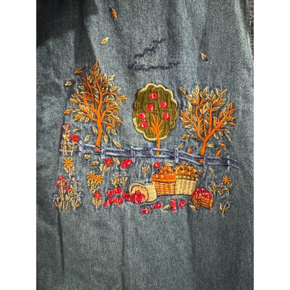 Vintage Denim Button-Up Shirt Embroidered Farmhouse Scene & Corduroy Collar XL - Picture 8 of 8